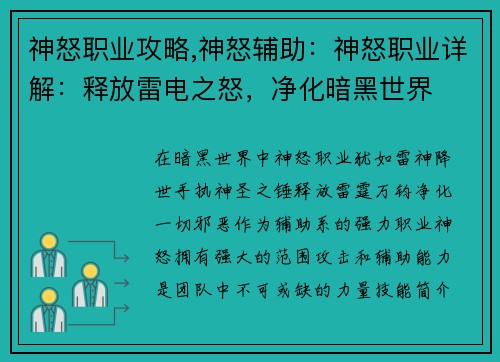 神怒职业攻略,神怒辅助：神怒职业详解：释放雷电之怒，净化暗黑世界
